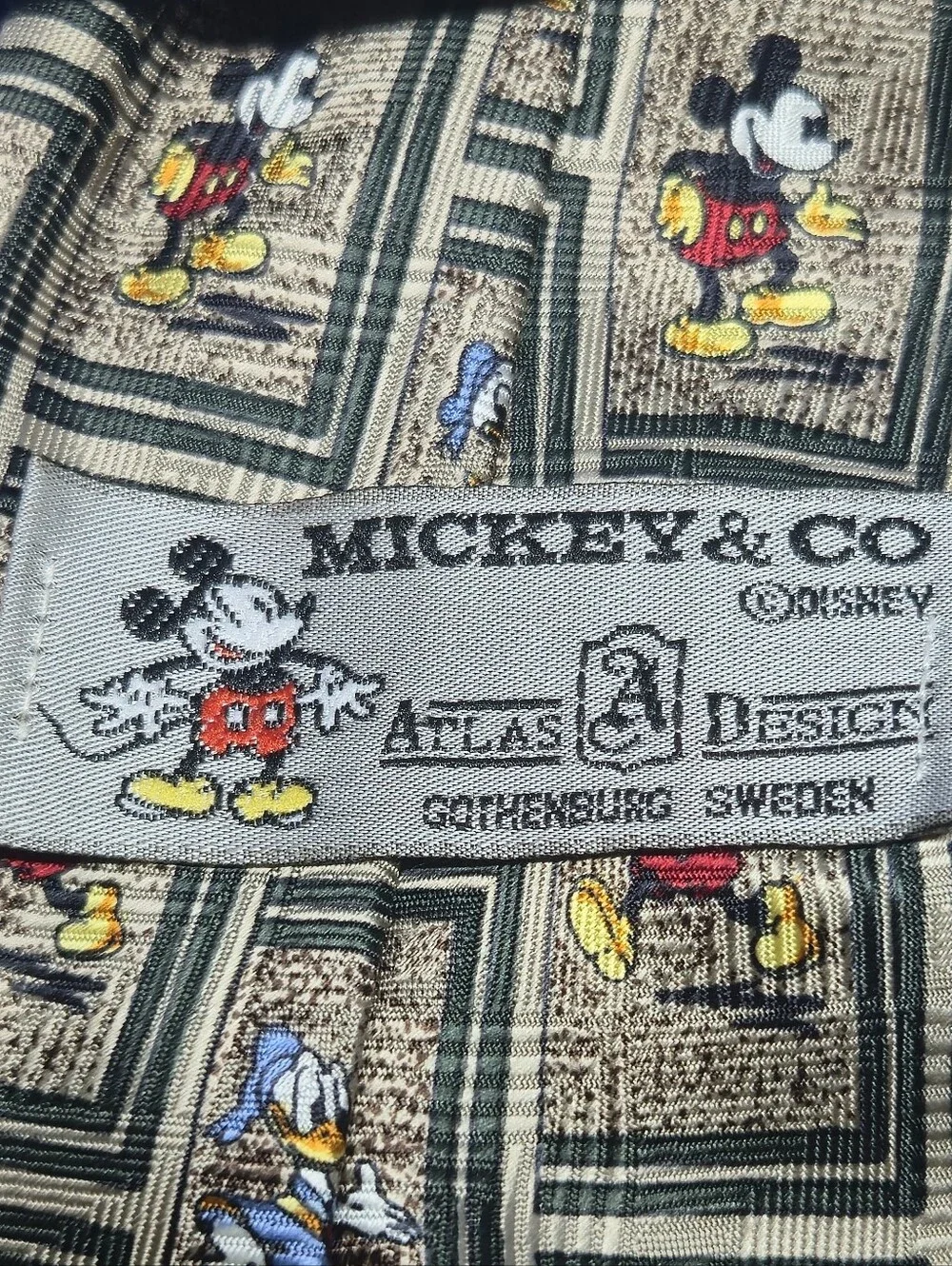 Vintage Mickey & Co Atlas Design Silk Tie Mickey Donald Duck Brown Beige Sweden